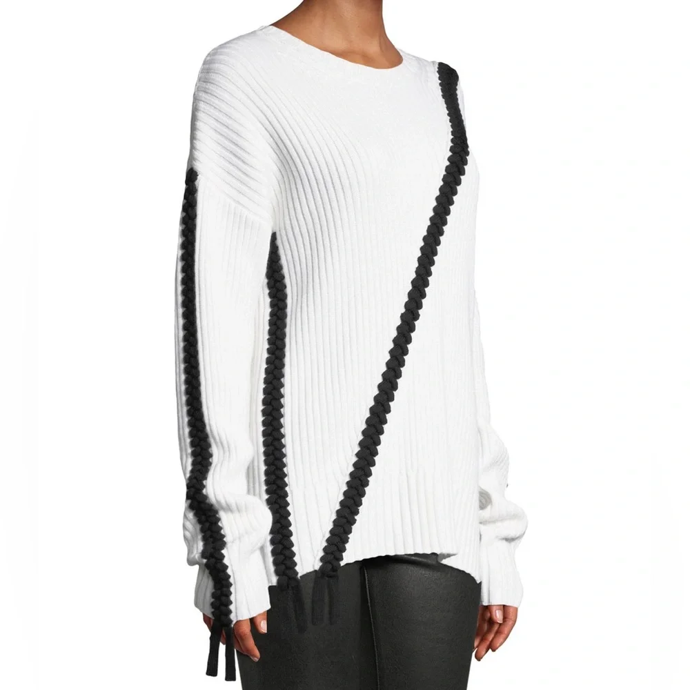 Derek Lam 10 Crosby Ribbed Wool Crewneck Sweater with Braided Detail in Ivory
